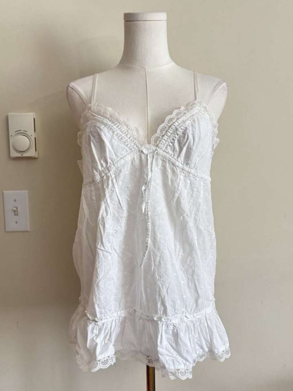 Women White Lace Trim Eyelet Spaghetti Strap Top